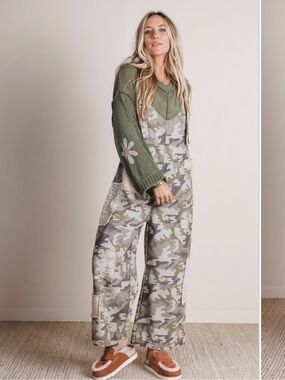 New: POL Beauty Of Change Boho Mixed Patchwork Camo Wide Leg Jumpsuit• Large
